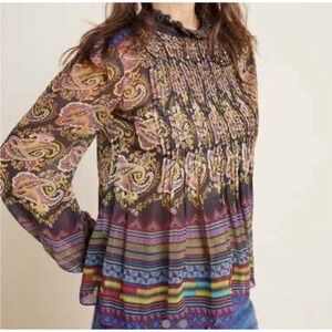 Anthropologie Tanvi Kedia Paisley Top Womens Size L Boho Sheer Ruffle Festival